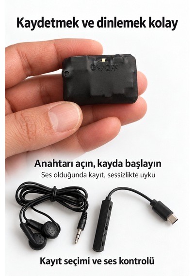 32 Gb Mini Ses Kayıt Cihazı 10 Güne Kadar Kesintisiz Kayıt, Sese Duyarlı, Kulaklık Ve Type-c Otg