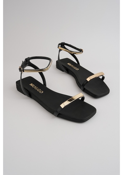 Muggo Meis Gold Metal Detaylı Kare Burun Bilekten Bağlamalı Düz Kadın Sandalet Siyah