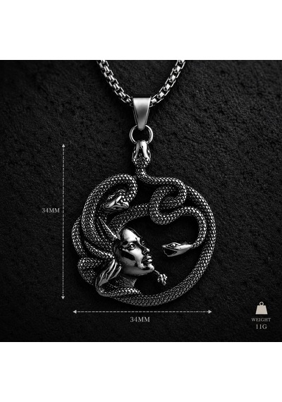 Antik Renk Paslanmaz Çelik Mitolojik Sanat, Özel Tasarım Yılan Figürlü Medusa Kolye Antrasit