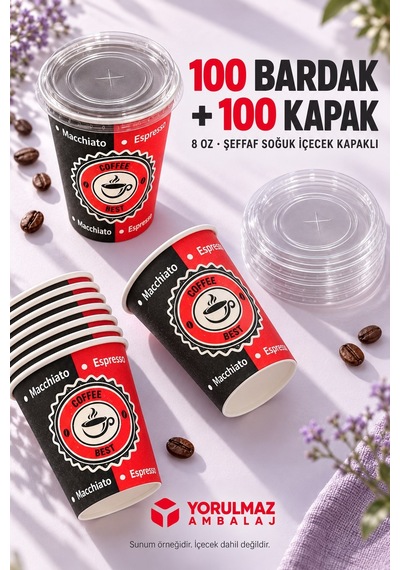 8 Oz Kapaklı Karton Bardak 100 Adet Soğuk İçecek Uyumlu Sızdırmaz Kağıt Bardak Renkli