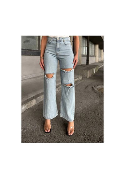 Kene Jeans Çift Diz Lazer Yırtık Buz Kar Bol Paça Jeans Buz Kar