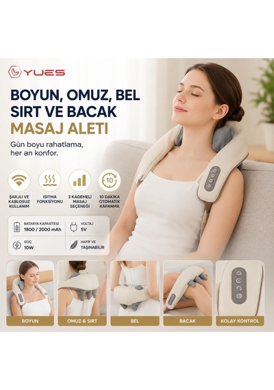 Yues Şarjlı Boyun Omuz Masaj Aleti, Isıtmalı Kablosuz 4d Masaj Cihazı, 3 Kademe Masaj Seçeneği, 1800 Mah Batarya, Sırt Bel Bacak Kullanımına Uygun