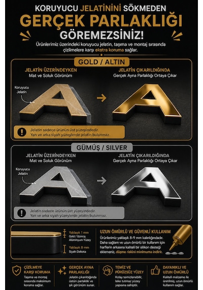 Alucor Kişiye Özel Aynalı Harf Tabela Gold / Gümüş Alucor Harf 20-50 Cm Hazır Şablonlu Kolay Montaj Ofis, İş Yeri Ve Kapı Tabelası Gümüş