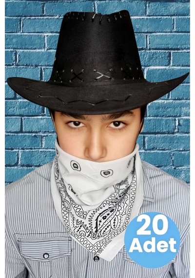 Uniquetrenders Çocuk Unisex Bandanalı 20'li Nubuk Kovboy Şapkası 8-14 Yaş Siyah 1