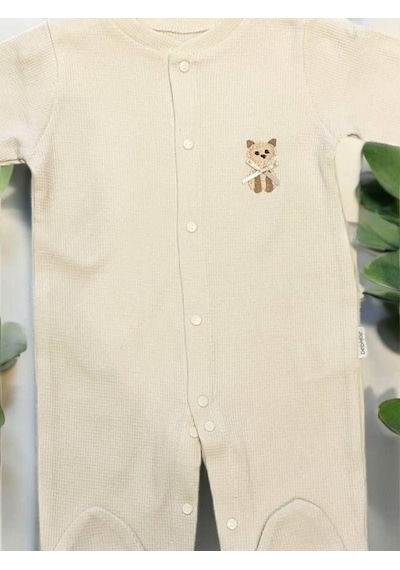 Zekids Bebek Çıtçıtlı Kedi İşlemeli Tulum-15069 Bej
