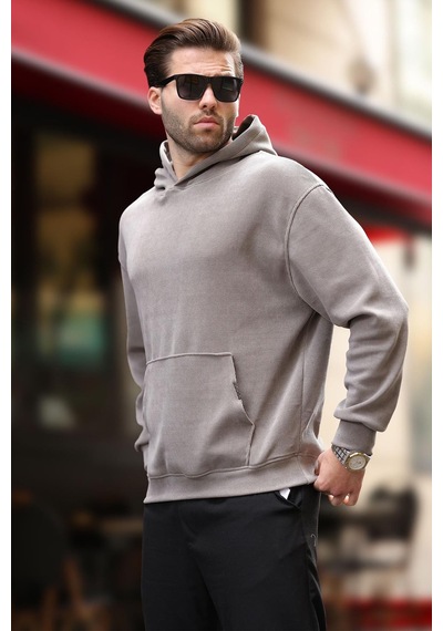Madmext Gri Kapüşonlu Cep Detaylı Dokulu Sweatshirt E7101 Gri