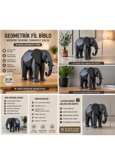 Modern Geometrik Fil Biblo 3d Baskı Pla Dekoratif Heykel 25 Cm Minimalist Ev & Ofis Dekoru 25cm