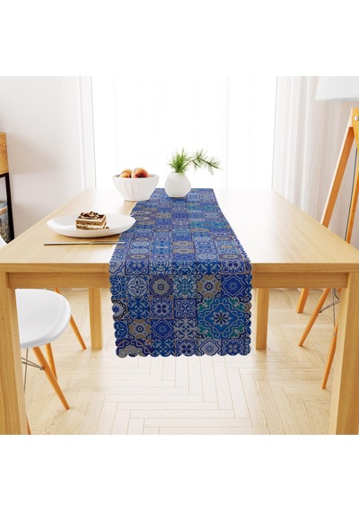 Çini Desenli Mavi Dijital Baskılı Petek Dokuma Runner 40x140