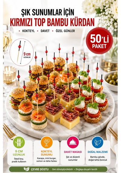 50 Li Paket Kırmızı Top Siyah Bambu Kürdan 9 Cm Kokteyl, Kanepe Ve Tatlı Sunum Kürdanı