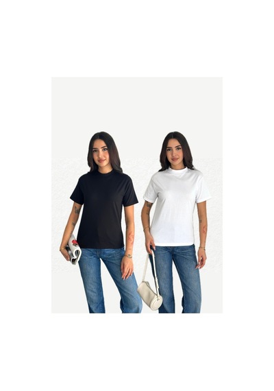 Fiolin Beyaz Ve Siyah Dik Yaka 2'li Paket Basic Örme T-shirt Siyah - Beyaz
