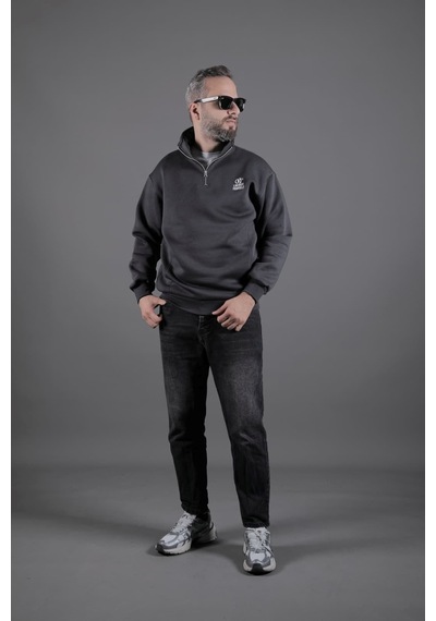 Dik Yakalı Parçalı Erkek Sweatshirt Füme