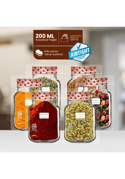 Kalp Desenli Mini Boy Kavanoz Görünümlü Kilitli Doypack Saklama Poşeti 6 Adet 200 Ml-11x15 Cm Şeffaf