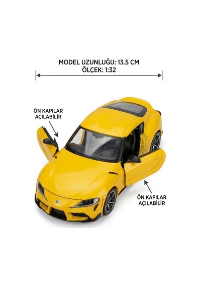 TıfılToys Hobbiez Lisanslı Toyota Gr Supra Kapıları Açılabilir Model Diecast 1/32 Ölçek Metal Standlı Araç Sarı