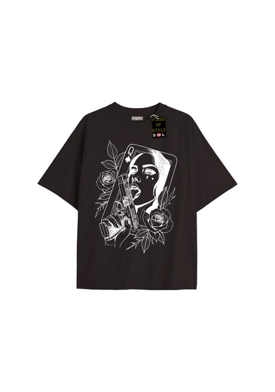 Flood Of Style Siyah Oversize T-shirt Kadın Çiçek Gözyaşı Özel Tasarım