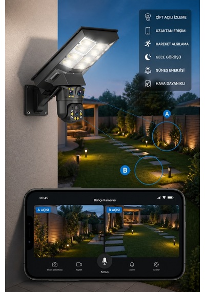 Solar Panelli 20.000 Mah Bataryalı 6mp Full Hd Hareket Sensörlü Sokak Aydınlatmalı Projektör Güvenlik Kamerası