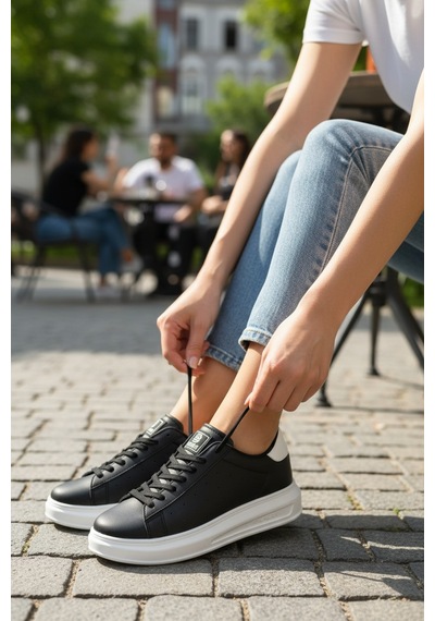 Enoch Kadın Yüksek Tabanlı Ortopedik Sneaker Yürüyüş Ayakkabısı Siyah Beyaz