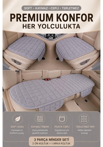 Araç İçi Soft-kaymaz Taban Cepli Terletmez Araç Oto Minder Seti Gri