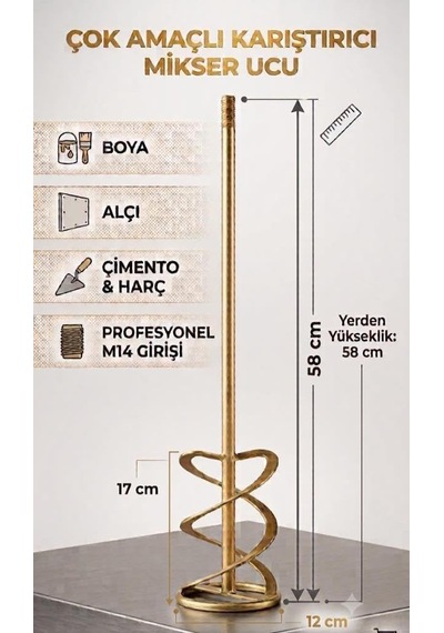 Dayanıklı Metal Harç Ve Boya Karıştırıcı Vidalı Matkap Ucu - 12cm Çapında Matkap Uyumlu Harç Boya Çimento Alçı Karıştırıcı Mikser Ucu 58x17cm
