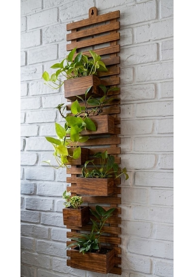 Ahşap Dikey Bahçe Duvar Saksılığı 80x25 Cm- Modern Antrasit Siyah & Doğal Renk Dekoratif Çiçeklik Kahverengi