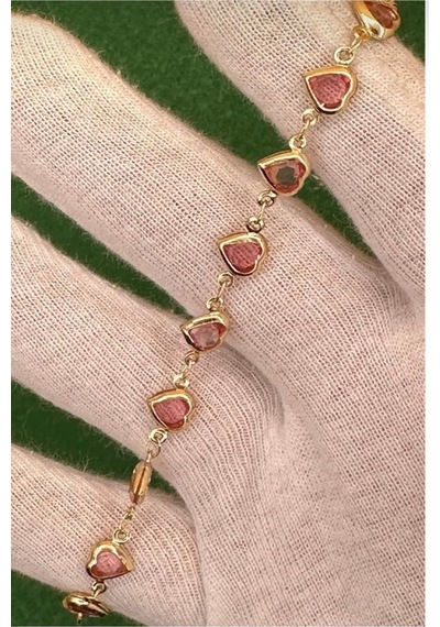 Kalpli Zirkon Taşlı Gold Renk Bileklik 18 Cm Pembe