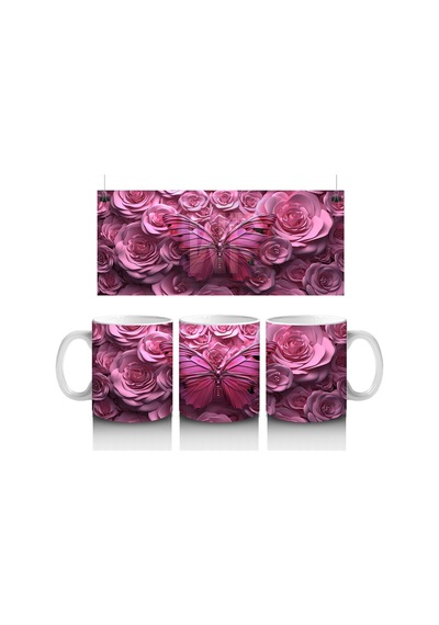 Gül Buketi Arasında Parlayan Pembe Kelebek Deseni - Baskılı Kahve Kupası Renkli