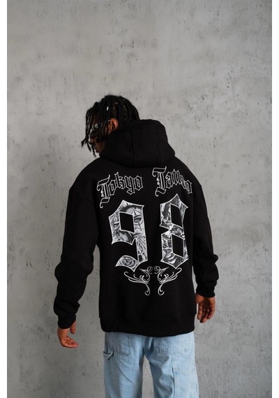 Barlashive Erkek 98 Baskılı Kapüşonlu 3 İplik Pamuklu Hoodie Sweatshirt - Siyah Çok Renkli