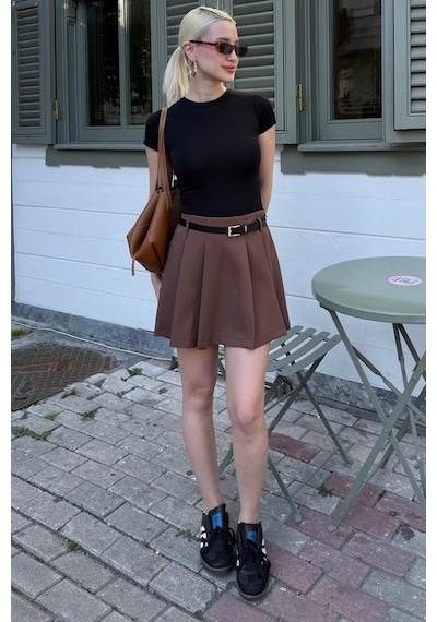 Madmext Kahverengi Pileli Kadın Mini Şort Etek Mg2402 Kahverengi