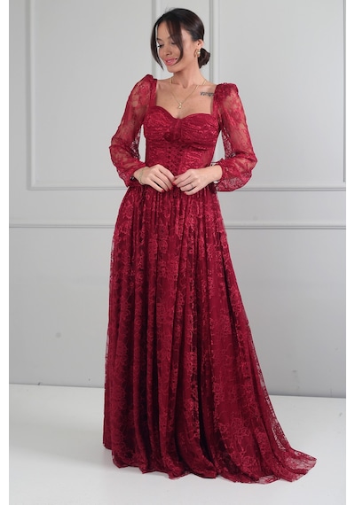 By Saygı Kadın Kalp Yaka Ön Kısmı Korse Detaylı Bağcıklı Astarlı Çiçek Desen Dantel Tül Uzun Elbise Bordo By Saygı Kadın Kalp Yaka Ön Kısmı Korse Detaylı Bağcıklı Astarlı Çiçek Desen Dantel Tül Uzun Elbise Bordo
