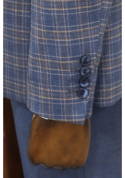 Ekose Ceketli Slim Fit Mavi Erkek Takım Elbise - Wessi Mavi