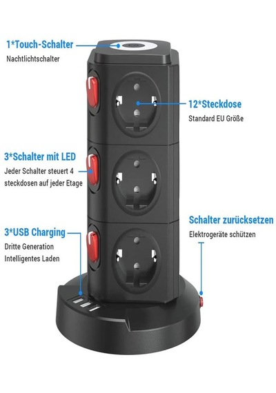 Kule Tipi 3xusb, 12'li Akım Korumalı Priz, Soket 10watt Wireless
