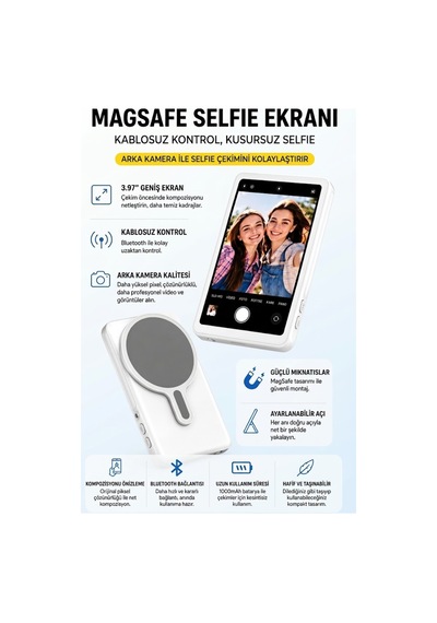 A2 Pro Manyetik Selfie Ekranı - Magsafe Uyumlu 4.02 İnç Vlog Monitörü Ve Bluetooth Uzaktan Kumandalı Beyaz - 928305208