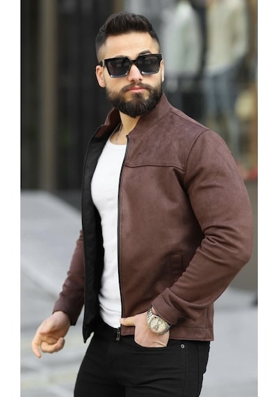 Premium Örme Triko Kol Dik Yaka Süet Ceket Kahve