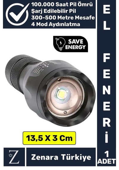 Kamp Avcı Güvenlik Balıkçı Deprem Enerji Tasarruflu 4 Mod Zoomlu Güçlü Beyaz Işık Şarjlı El Feneri Çok Renkli