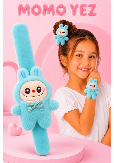 Peluş Bileklik Oyuncak Bileğe Vurunca Sarılan Slap Bileklik, Çok Amaçlı Saç Tokası Mavi