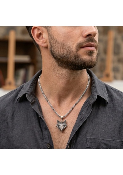 Viking Kurt Başı Kolye Erkek 925 Ayar Gümüş Wolf Head Pendant Minimalist Nordic Erkek Kolyesi