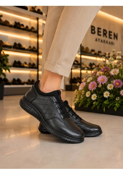 Beren Kadın Siyah Hakiki Deri Ortopedik Taban Lastikli Bağcıksız Geçmeli Konforlu Günlük Casual Ayakkabı