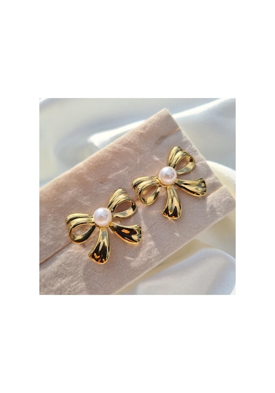 Luxe Pearl Bow Küpe Altın