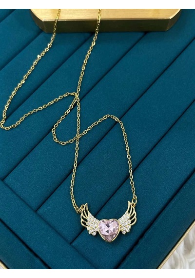 Gold Renk Zirkon Taşlı Parlak Büyüleyici Angel Wings Melek Kanadı 316l Çelik Kalp Kolye Gold