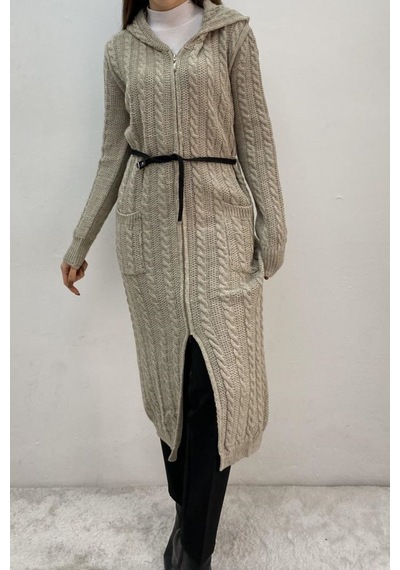 Onno Style Women Bayanuzun Kapşonlu Saç Örgü Ceket Taş