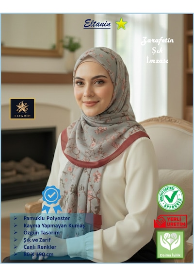 Eyfel Pamuklu Soft Özel Seri Şal Etnik & Çiçekli Desen, Orjinal, Tesettür Giyim, Yeni Koleksiyon Bordo - Gri