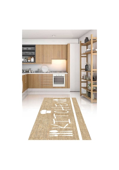 Dijital Baskılı Krem Kitchen Desenli Dekoratif Yıkanabilir Kaymaz Taban Mutfak Halısı Çok Renkli