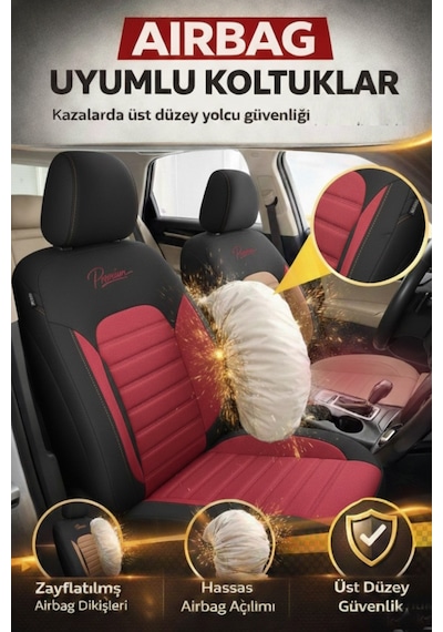 Premium Serisi Lüks Keten Üniversal Oto Koltuk Kılıfı - 5 Koltuk Tam Set Bordo