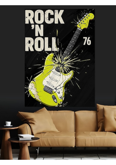 Ahşap Tablo Neon Yeşil Elektrogitar Rock'n Roll Afişi