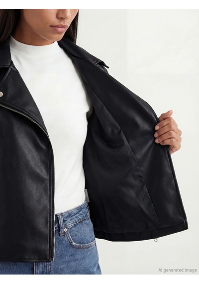 Lcw Everyday Siyah Biker Yaka Kadın Deri Görünümlü Ceket
