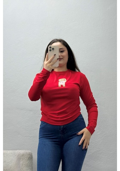 Belendir Kadın Desenli Bisiklet Yaka Body Kırmızı