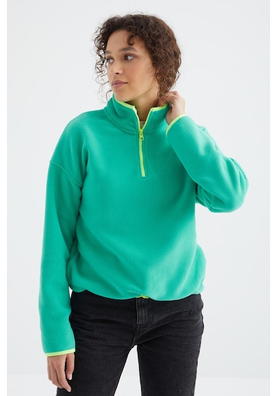 Tommy Life Deniz Yeşili Yarım Fermuar Etek Ucu Büzgülü Dik Yaka Oversize Kadın Polar Sweatshirt - 97234 Yeşil