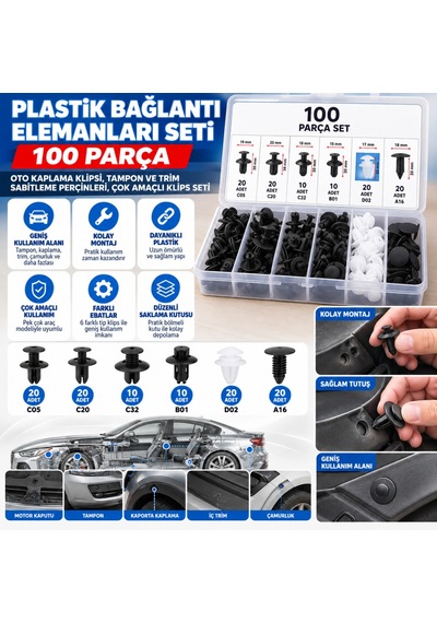 Plastik Bağlantı Elemanları Seti 100 Parça Oto Kaplama Klipsi, Tampon Ve Trim Sabitleme Perçinleri, Çok Amaçlı Klips Seti 7010