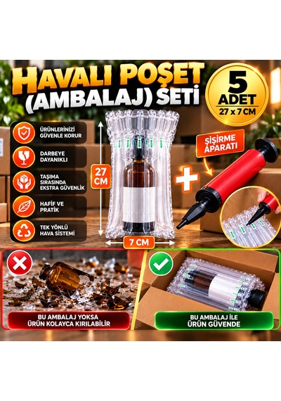 Havalı Poşet Ambalaj Seti Şişe Boyu 27cm Çap 7cm - 5 Adet + Şişirme Aparatı