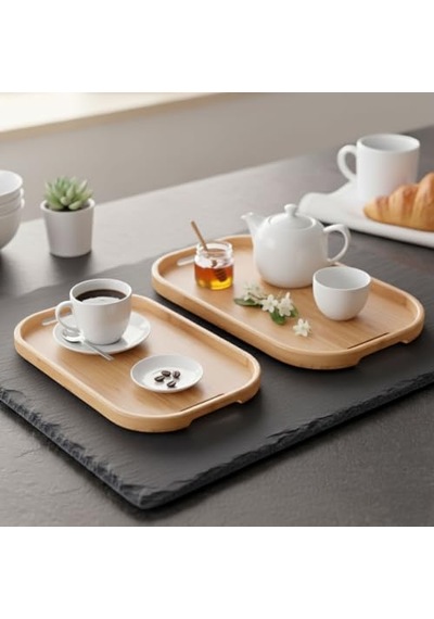 Bambu Servis Tepsisi 2'li Set 33x22 Cm Ve 40x28 Cm Dikdörtgen Bambu Tepsi Çok Renkli