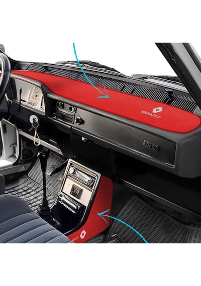 Renault 12 Toros Uyumlu Kırmızı Nakışlı Torpido Koruma Halısı & Vites Orta Konsol Yan Kaplama Seti